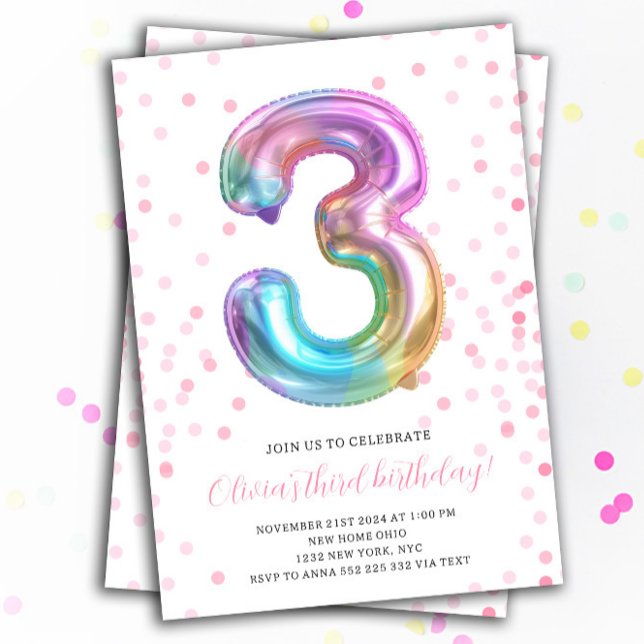Convite Número do Balão do aniversário de 3 anos do Rainbo (Rainbow Ballon 3rd Birthday Girl Invitation Kids Party Invite)