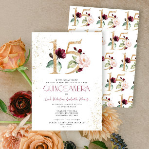Convite Número Floral 15 Burgundy Gold Quinceañera