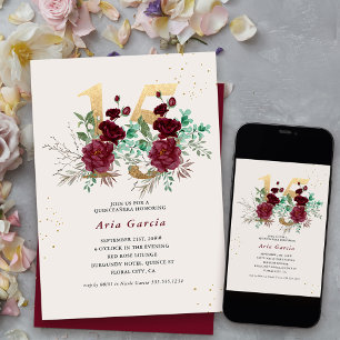 Convite Número Floral 15 Burgundy Vermelho e Dourado Quinc