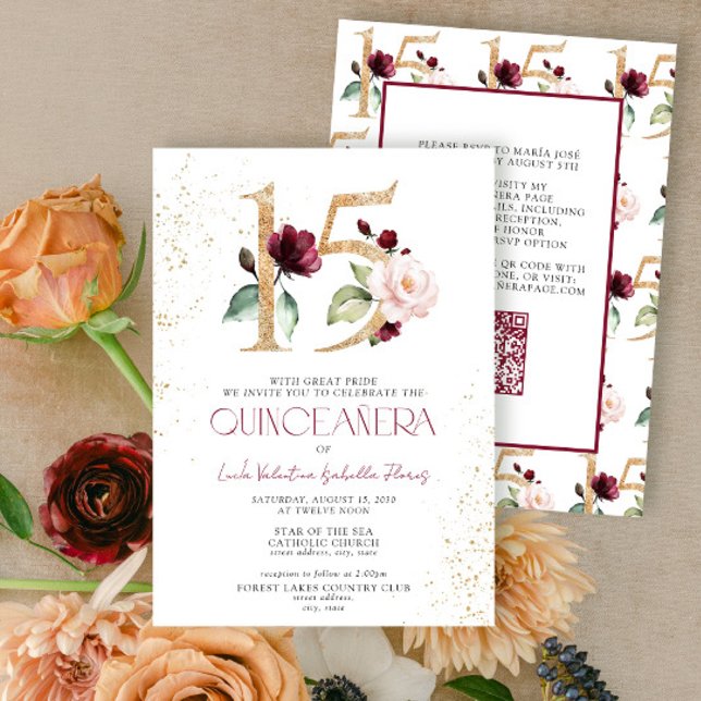Convite Número Floral 15 QR Burgundy Quinceañera Dourada (Criador carregado)