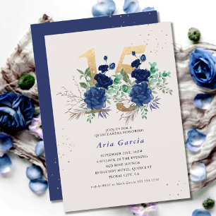 Convite Número Floral 15 Quinceanera Azul Real e Dourado