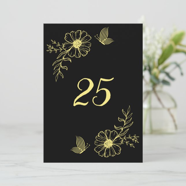 Convite Numero romântico da mesa negra da flor do ouro ele (Em pé/Frente)