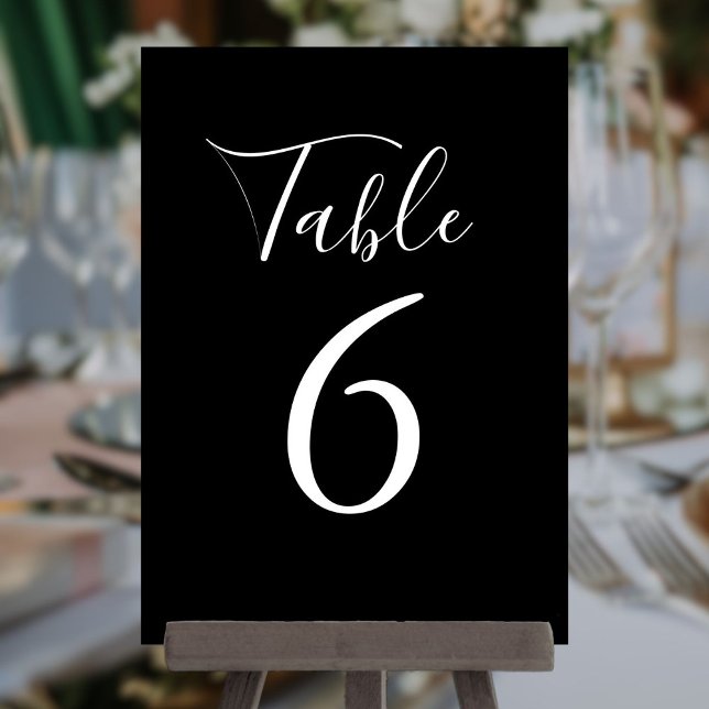 Convite Número Simples De Tabela De Script Chic Preto E Br (Simple Black And White Chic Script Table Number)