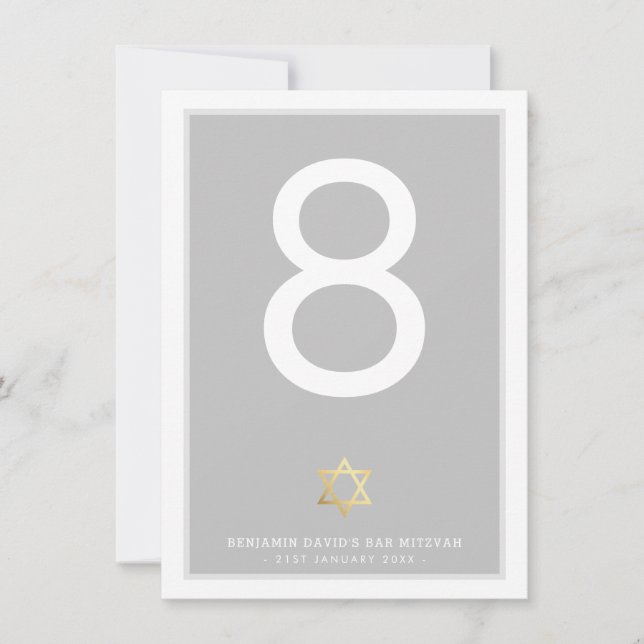 Convite NÚMEROS DA MESA Bar Mitzvah estrela de davi cinza (Frente)