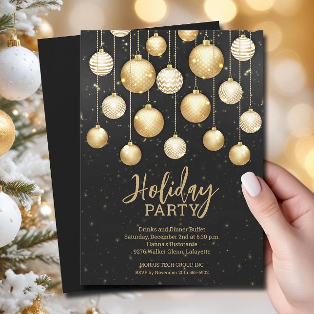 Convite Números de Árvores de Natal (White and gold Christmas tree ornaments holiday business party invitations)