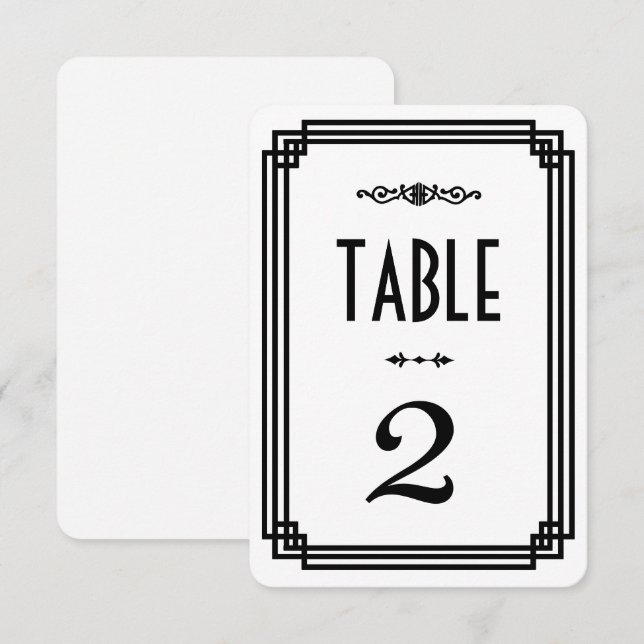 Convite Números de Mesa Art Déco Simples Branco e Preto (Frente/Verso)