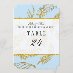 Convite Números de Mesa Azuis Folhas Modernas Desenhadas à