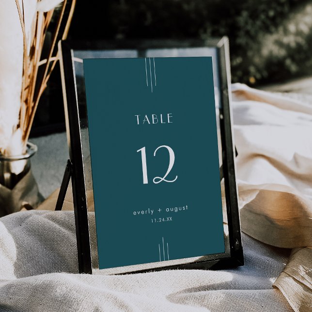 Convite Números de Mesa Casamento Art Déco Everly Pavão Az (EVERLY Art Deco Peacock Teal Wedding Table Numbers)