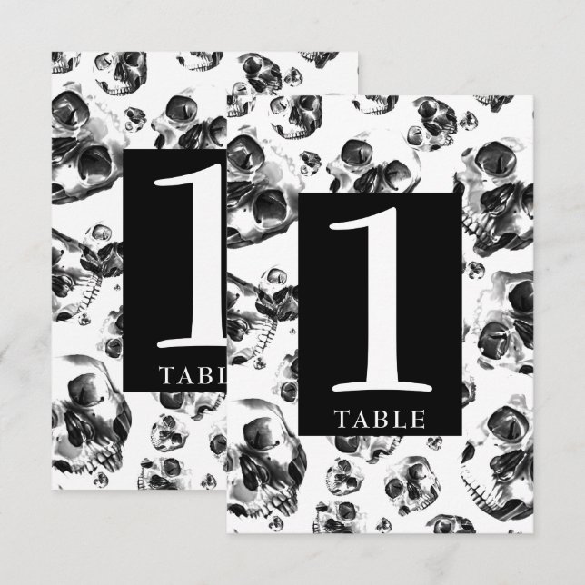 Convite Números de mesa caveira de crânios preto e branco (Frente/Verso)