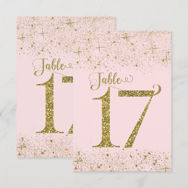 Convite Números de Mesa com Brilho Rosa Dourado Número 17 (Frente/Verso)