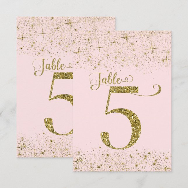 Convite Números de Mesa com Brilho Rosa Dourado Número 5 (Frente/Verso)