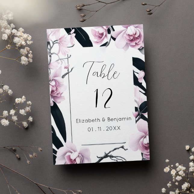 Convite Números de mesa com flores de orquídea preta rosa  (Watercolor pink black orchid flowers Table Numbers)