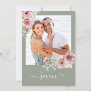 Convite Números de Mesa com Fotos de Rosas Florais em Verd