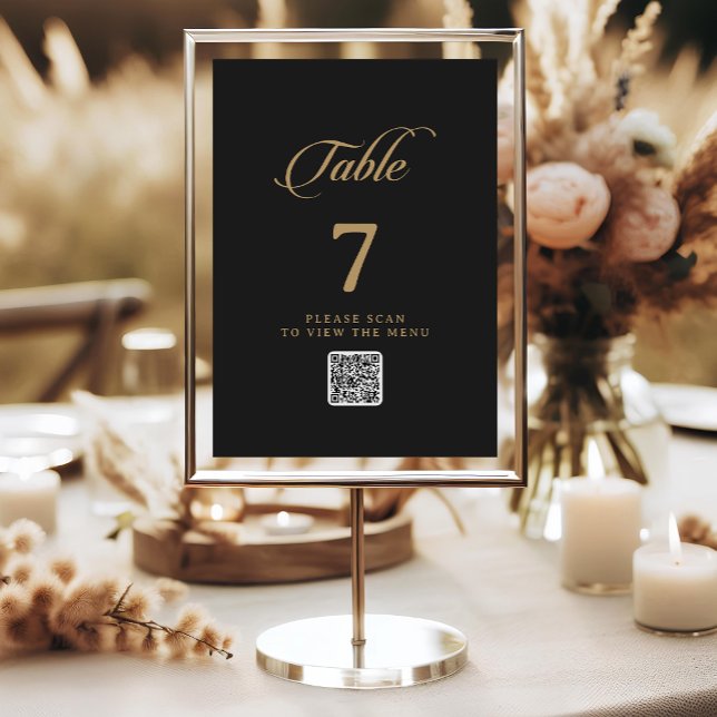 Convite Números de Mesa com QR Code Clássico Preto e Doura (Criador carregado)