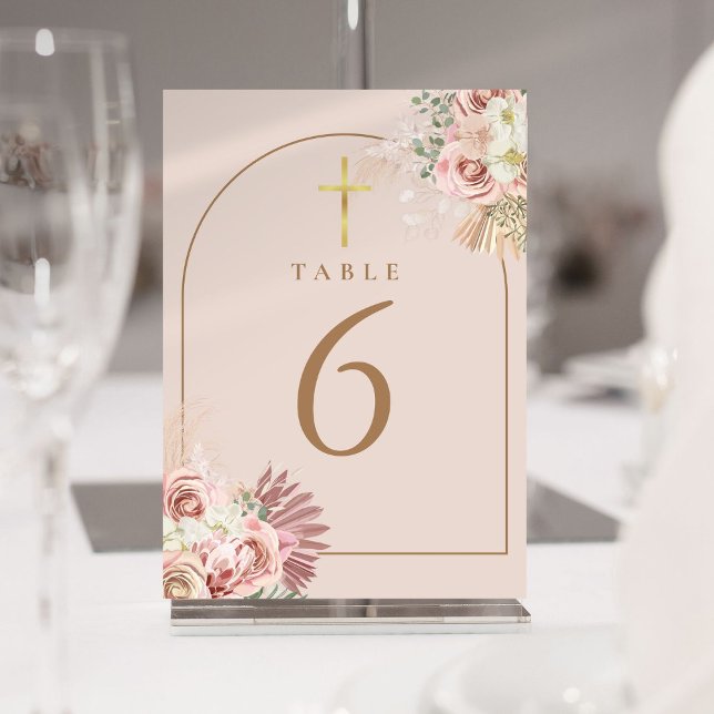 Convite Números de Mesa Cruz Dourada Floral com Grama das  (Pampas Grass Floral Gold Cross Table Numbers)