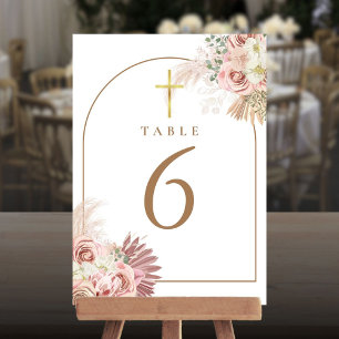 Convite Números de Mesa Cruz Dourada Floral com Grama das