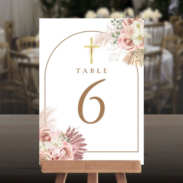 Convite Números de Mesa Cruz Dourada Floral com Grama das  (Pampas Grass Floral Gold Cross Table Numbers)