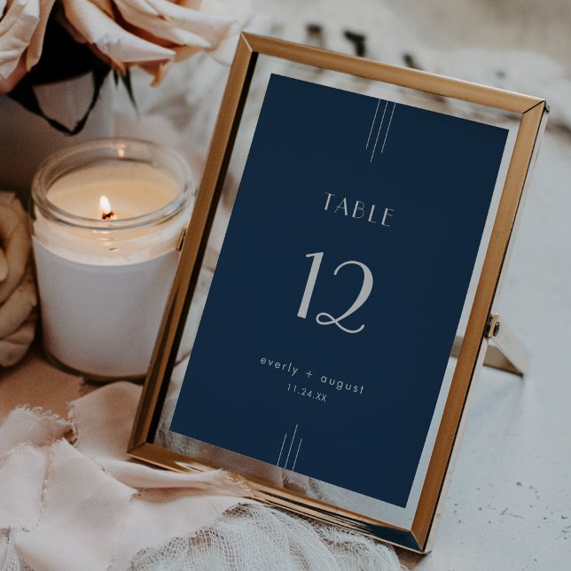 Convite Números de Mesa de Casamento Art Déco Azul Marinho (EVERLY Art Deco Navy Blue Wedding Table Numbers)