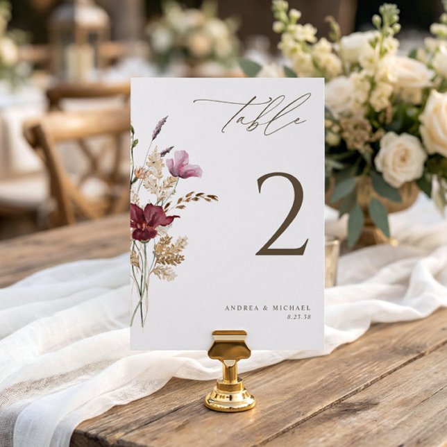 Convite Números de Mesa de Casamento Boho Wildflowers Eleg (Elegant fall wildflowers wedding table numbers - double-sided - 5x7)