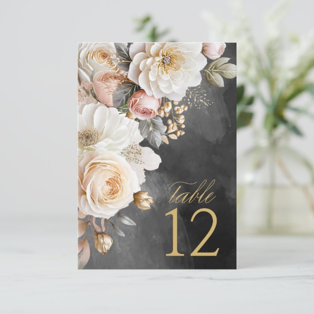 Convite Números de Mesa de Casamento com Drama Floral Char (Em pé/Frente)