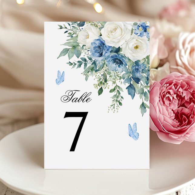 Convite Números de Mesa de Casamento com Flores Azuis Empo (Criador carregado)
