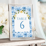 Convite Números de mesa de casamento de limão azulejos azu<br><div class="desc">Explore a elegância do eterno com os nossos clássicos números de mesas de casamento italianos do Mediterrâneo italiano, perfeitos para comemorações de primavera ou verão. Cada número apresenta um belo arco de boho adornado com ramos de limão de aquarela e um padrão inspirado por azulejos de porcelana azul, adicionando um...</div>