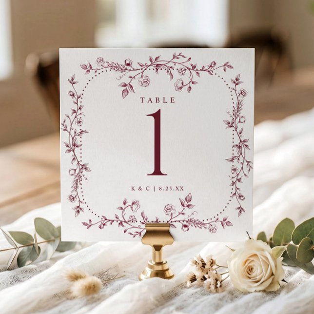 Convite Números de Mesa de Casamento em Tonalidade Bordeau (Burgundy red square wedding table number with vintage French floral frame.)