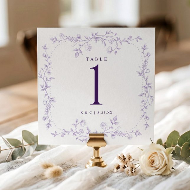 Convite Números de Mesa de Casamento Florais Roxos Claros  (Lavender purple square wedding table number with vintage French floral frame.)