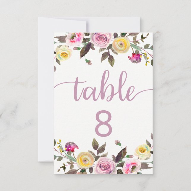 Convite Números de Mesa de Casamento Floral Aquarela Rosa  (Frente)