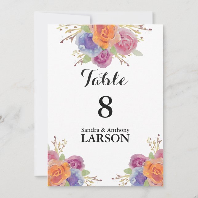 Convite Números de Mesa de Casamento Floral em Aquarela Br (Frente)