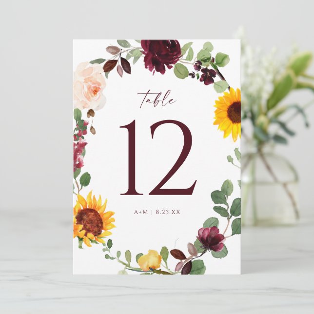 Convite Números de Mesa de Casamento Girassóis Rosas Verme (Em pé/Frente)
