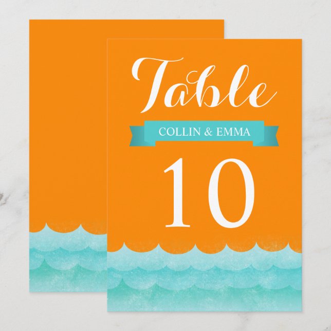 Convite Números de Mesa de Casamento Náutico Laranja no Ma (Frente/Verso)
