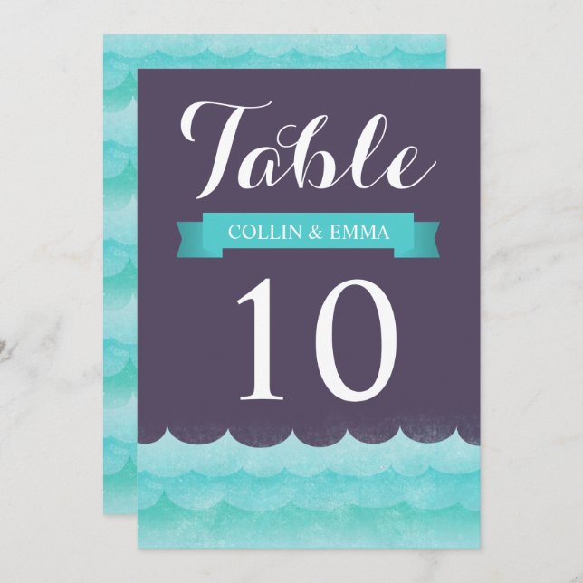 Convite Números de Mesa de Casamento Náutico Roxo no Mar (Frente/Verso)