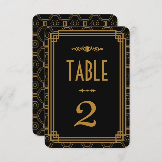Convite Números de Mesa de Casamento Preto Art Deco (Frente/Verso)