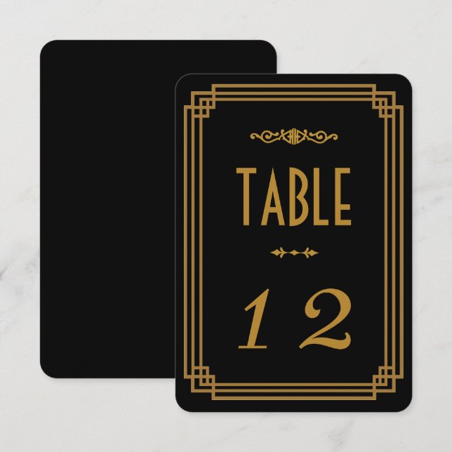 Convite Números de Mesa de Casamento Preto Art Deco (Frente/Verso)