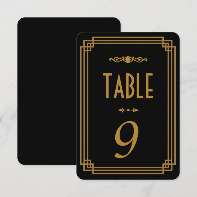Convite Números de Mesa de Casamento Preto Art Deco (Frente/Verso)