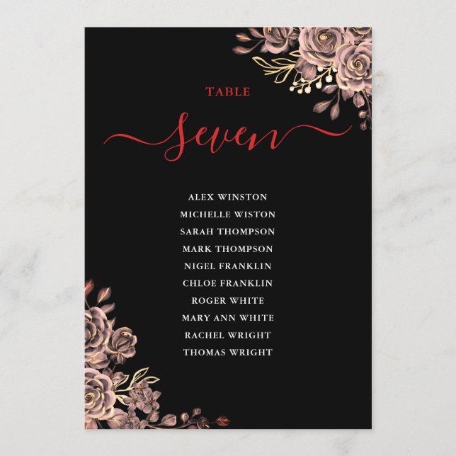 Convite Números de Mesa do Plano de Assento Floral Gótico (Frente)