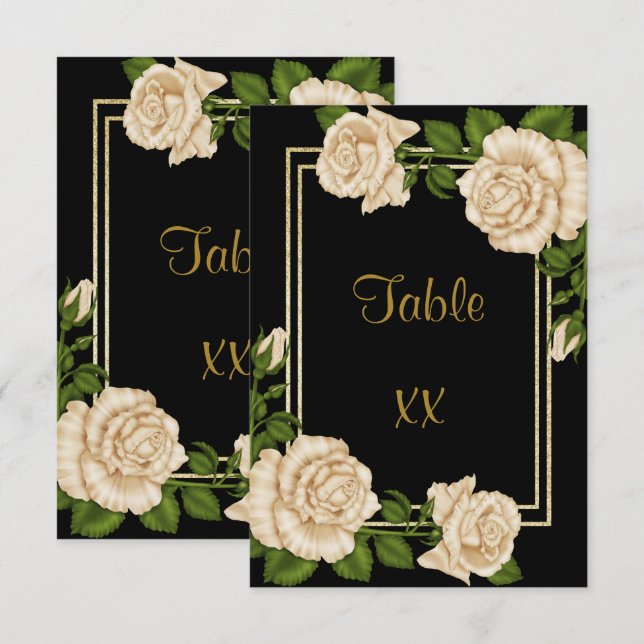Convite Números de Mesa Elegantes com Rosas de Marfim e Br (Frente/Verso)