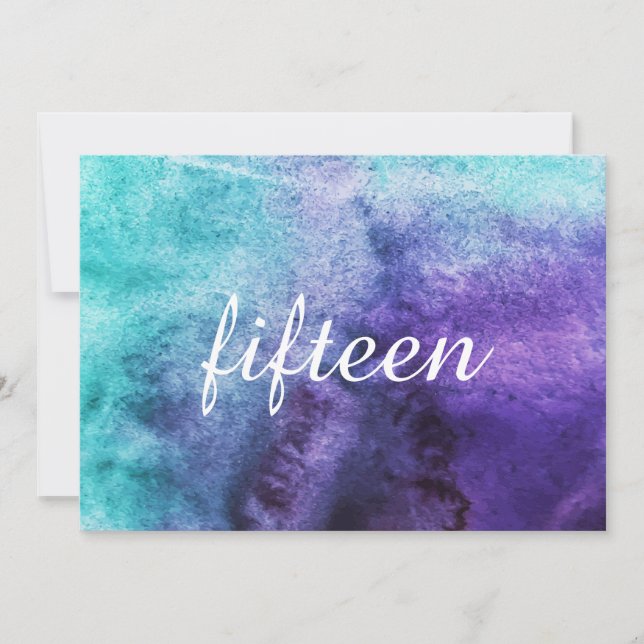 Convite Números de Mesa em Aquarela Azul sobre Roxo (Frente)