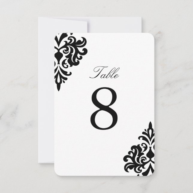 Convite Números de Mesa em Damask Preto e Branco (Frente)