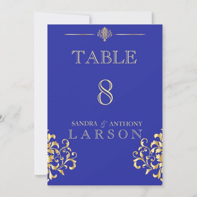 Convite Números de Mesa em Damasko Azul e Dourado Elegante (Frente)