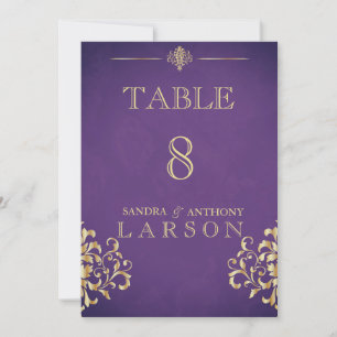 Convite Números de Mesa em Damasko Dourado e Roxo Elegante