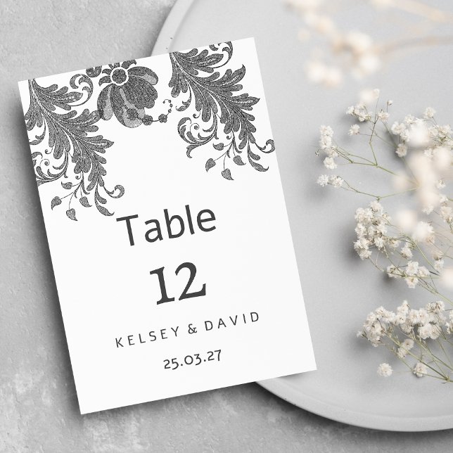 Convite Números de Mesa em renda floral com brilho preto e (Chic black white glitter floral lace Table Numbers)