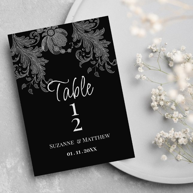 Convite Números de mesa em renda floral preta e branca ele (Elegant black and white floral lace Table Numbers)