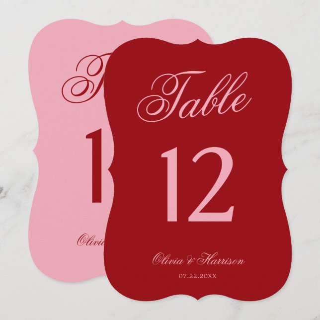 Convite Números de mesa em Script com corte Bold Pink Red (Frente/Verso)