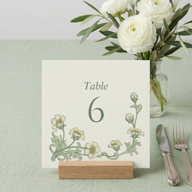 Convite Números de Mesa em Verde Sálvia Botânico Estilo Vi (Vintage style Botanical Sage Green Table Numbers)
