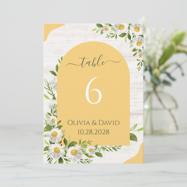 Convite Números de Mesa Florais Boho Amarelo Branco (Em pé/Frente)