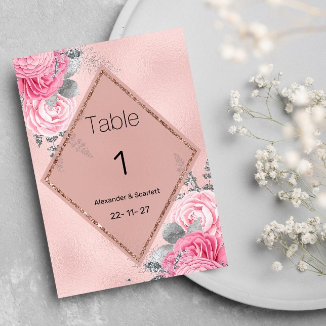 Convite Números de mesa florais de peônia com glitter prat (Pink silver glitter peony floral Table Numbers )