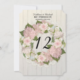Convite Números de Mesa Hortênsia Rosa Renda Madeira Rústi