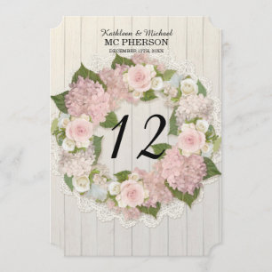 Convite Números de Mesa Hortênsia Rosa Renda Madeira Rústi